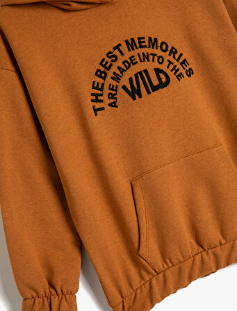 Kapşonlu Sweatshirt Uzun Kollu Kanguru Cepli Slogan Baskılı Şardonlu