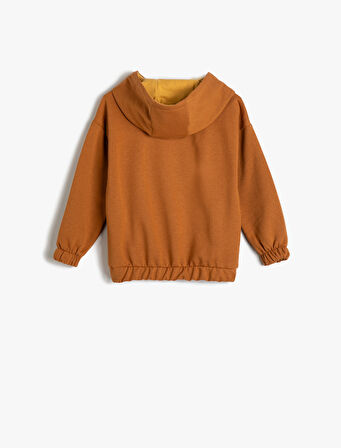 Kapşonlu Sweatshirt Uzun Kollu Kanguru Cepli Slogan Baskılı Şardonlu