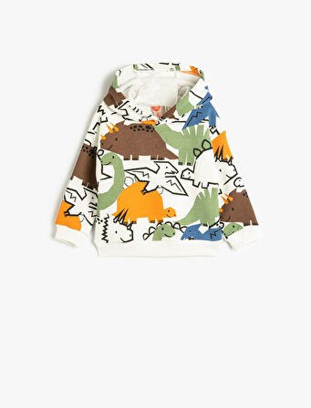 Kapşonlu Dinozorlu Sweatshirt Baskılı Uzun Kollu Şardonlu 