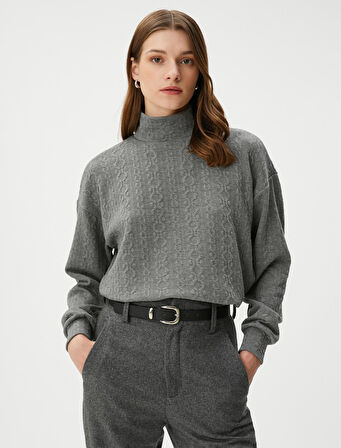 Dik Yaka Sweatshirt Dokulu Uzun Kollu