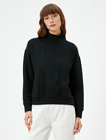 Dik Yaka Sweatshirt Dokulu Uzun Kollu