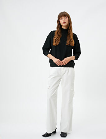 Dik Yaka Sweatshirt Dokulu Uzun Kollu