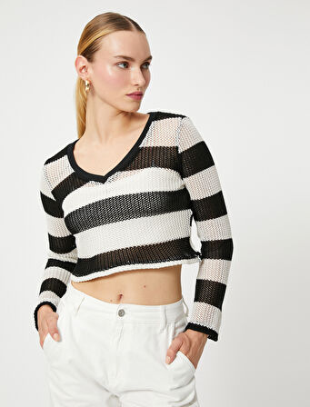 Crop Kazak V Yaka Uzun Kollu