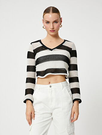 Crop Kazak V Yaka Uzun Kollu