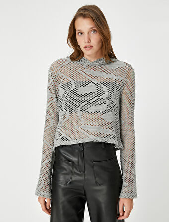 Kapüşonlu Sweatshirt Ajur Örgü Uzun Kollu