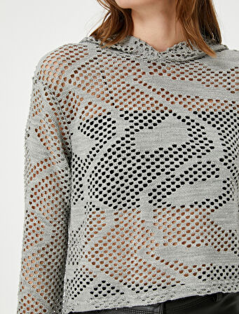 Kapüşonlu Sweatshirt Ajur Örgü Uzun Kollu