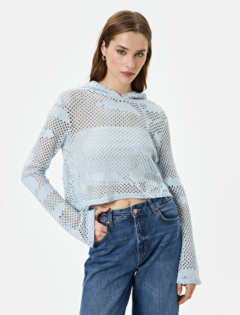 Kapüşonlu Sweatshirt Ajur Örgü Uzun Kollu