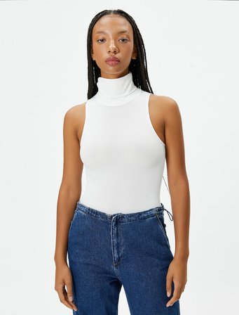 Boğazlı Kolsuz Bodysuit Slim Fit Çıtçıt Kapamalı