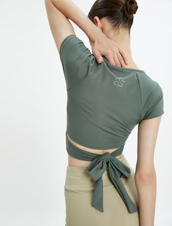 Crop Yoga Tişört Arkası Bağlama Detaylı Kısa Kollu Bisiklet Yaka 
