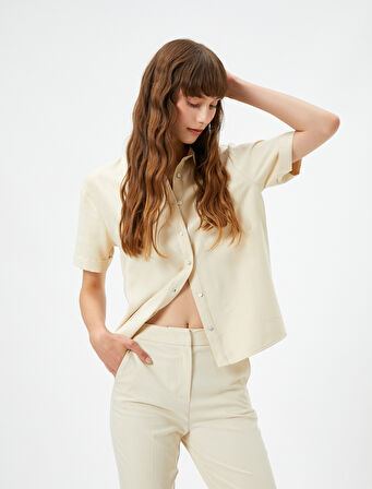 Kısa Kollu Gömlek Cep Detaylı Düğmeli İpek Görünümlü