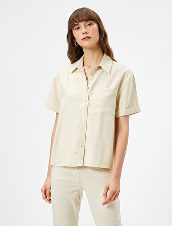 Kısa Kollu Gömlek Cep Detaylı Düğmeli İpek Görünümlü