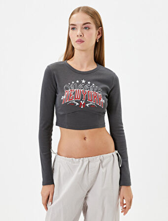 Uzun Kollu Crop Tişört Dar Kalıp Korse Detaylı Bisiklet Yaka Baskılı Pamuklu