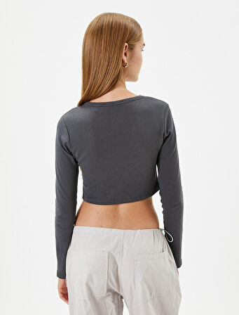 Uzun Kollu Crop Tişört Dar Kalıp Korse Detaylı Bisiklet Yaka Baskılı Pamuklu