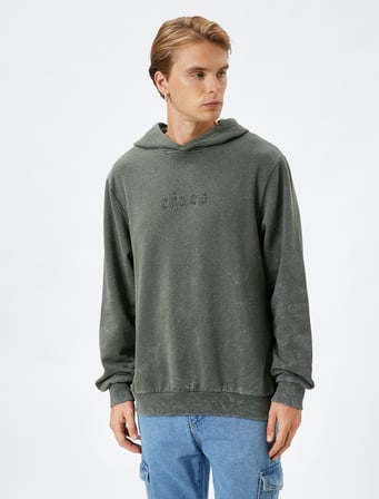 Kapşonlu Sweatshirt Slogan İşlemeli Ribanalı Uzun Kollu Şardonlu