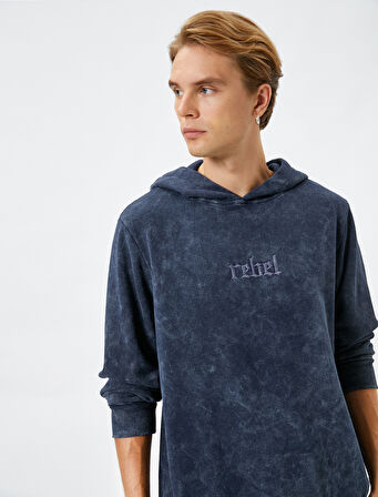 Kapşonlu Sweatshirt Yıkamalı Slogan İşlemeli Ribanalı Şardonlu