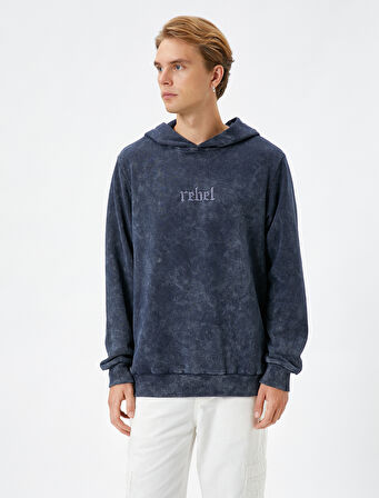 Kapşonlu Sweatshirt Yıkamalı Slogan İşlemeli Ribanalı Şardonlu