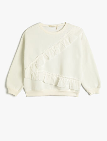 Sweatshirt Uzun Kollu Fırfır Detaylı Bisiklet Yaka Şardonlu 