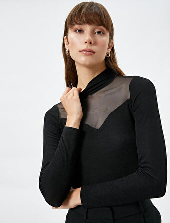 Uzun Kollu Tişört Tül Detaylı Dik Yaka Fitilli