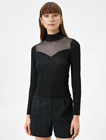 Uzun Kollu Tişört Tül Detaylı Dik Yaka Fitilli