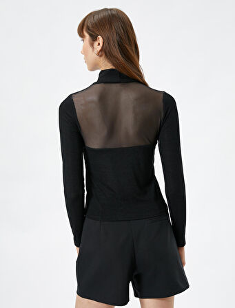 Uzun Kollu Tişört Tül Detaylı Dik Yaka Fitilli