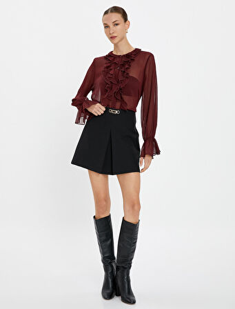 Şifon Gömlek Transparan Fırfırlı Düğmeli Bisiklet Yaka