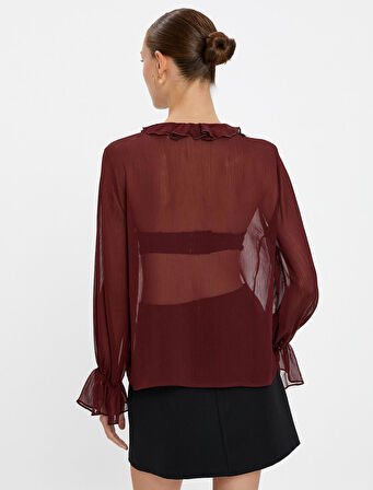 Şifon Gömlek Transparan Fırfırlı Düğmeli Bisiklet Yaka