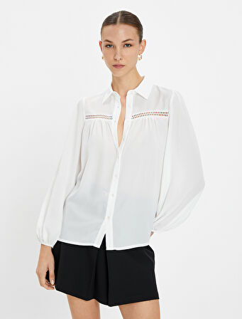 Uzun Balon Kol Gömlek Dantel Detaylı Düğmeli