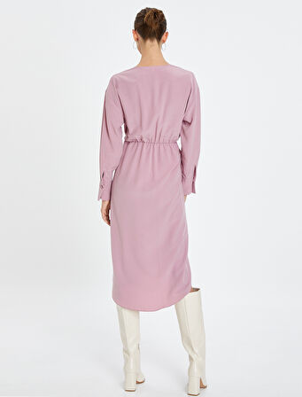 Midi Kruvaze Elbise Uzun Kollu Bağlama Detaylı