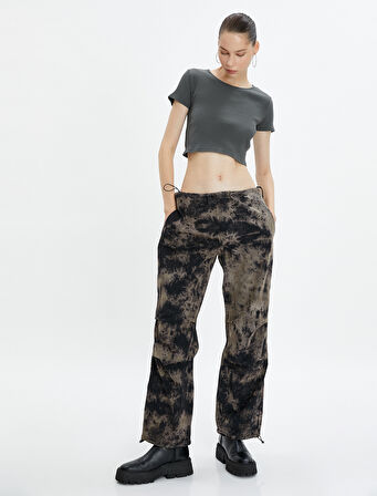 Crop Tişört Yıkamalı Kısa Kollu Yuvarlak Yaka Ribanalı Pamuklu