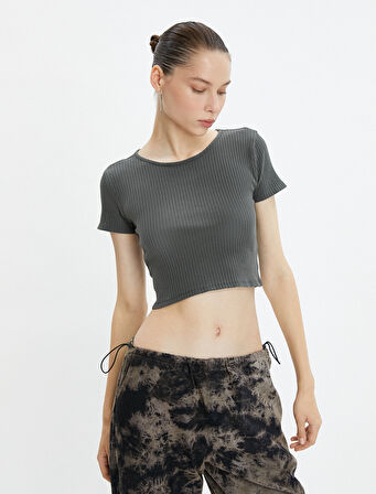 Crop Tişört Yıkamalı Kısa Kollu Yuvarlak Yaka Ribanalı Pamuklu