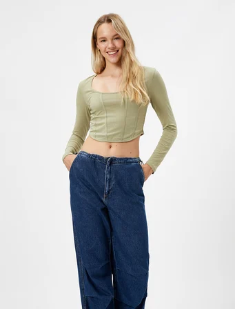Uzun Kollu Tişört Slim Fit U Yaka Korse Görünümlü