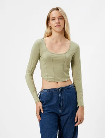 Uzun Kollu Tişört Slim Fit U Yaka Korse Görünümlü