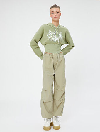 Crop Sweatshirt Kapüşonlu Slim Fit Baskılı Korse Görünümlü