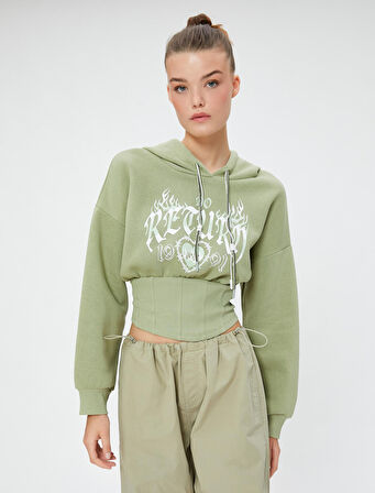 Crop Sweatshirt Kapüşonlu Slim Fit Baskılı Korse Görünümlü