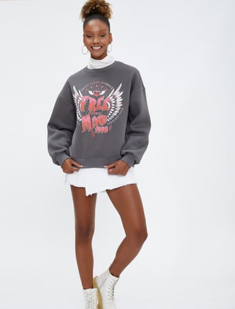 Slogan Baskılı Sweatshirt Bisiklet Yaka Rahat Kesim Uzun Kollu