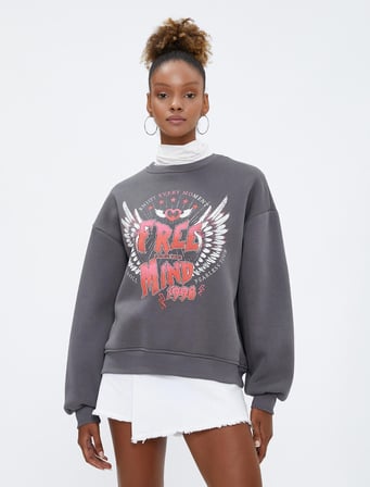 Slogan Baskılı Sweatshirt Bisiklet Yaka Rahat Kesim Uzun Kollu