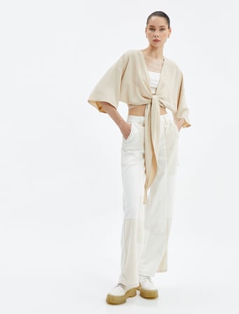 Crop Kimono Oversize Kısa Geniş Kollu Kruvaze Önü Bağlamalı
