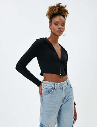 Kapüşonlu Hırka Crop Fermuarlı Kaşkorse Dikiş Detaylı