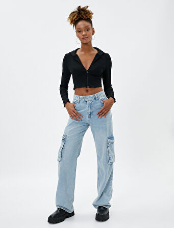 Kapüşonlu Hırka Crop Fermuarlı Kaşkorse Dikiş Detaylı