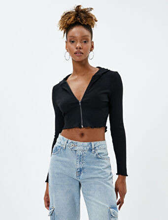 Kapüşonlu Hırka Crop Fermuarlı Kaşkorse Dikiş Detaylı