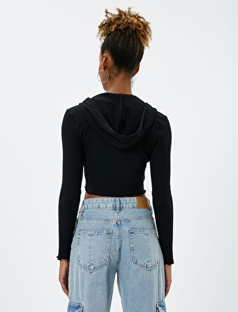 Kapüşonlu Hırka Crop Fermuarlı Kaşkorse Dikiş Detaylı