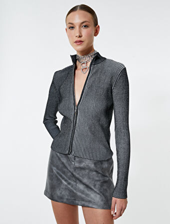 Triko Hırka Fitilli Dik Yaka Soluk Efektli Fermuarlı