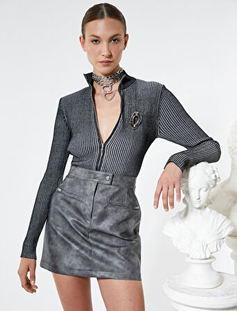 Triko Hırka Fitilli Dik Yaka Soluk Efektli Fermuarlı