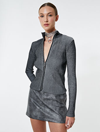 Triko Hırka Fitilli Dik Yaka Soluk Efektli Fermuarlı