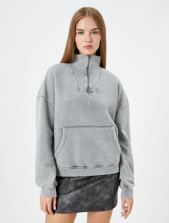 Yarım Fermuarlı Sweatshirt Soluk Efektli Rahat Kesim Şardonlu