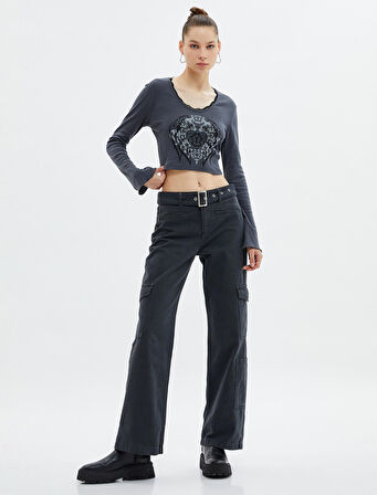 Uzun Kollu Crop Tişört U Yaka Soluk Efektli Baskılı Pamuklu