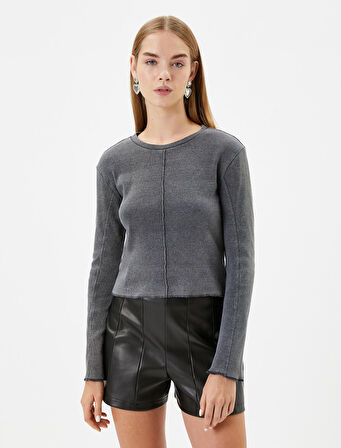 Uzun Kollu Soluk Efektli Tişört Kaşkorse Bisiklet Yaka