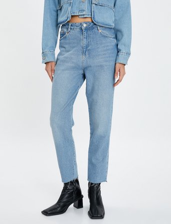 Normal Bel Kot Pantolon Hafif Dar Paça - Mom Jean