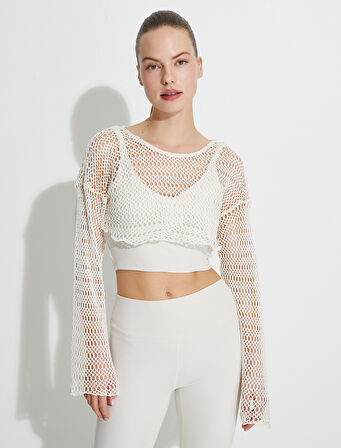 Crop File Yoga Tişört Uzun Geniş Kollu Kayık Yaka Pamuklu