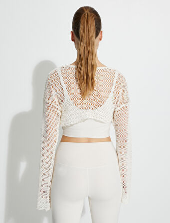 Crop File Yoga Tişört Uzun Geniş Kollu Kayık Yaka Pamuklu